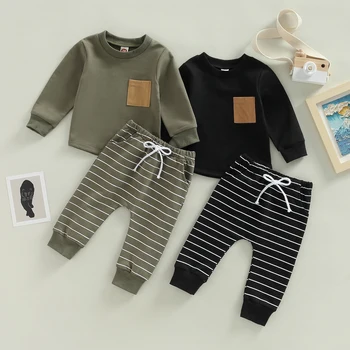 Комплект Весенне-осенней одежды для маленьких мальчиков, топы с длинным рукавом и круглым вырезом, с карманом + брюки в полоску, от 0 до 3 лет