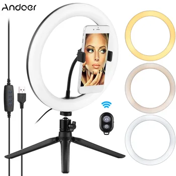 Комплект для потокового видео Andoer с 10-дюймовым светодиодным кольцевым светильником, шаровой головкой, мини-штативом, дистанционным затвором с держателем телефона для студийного освещения