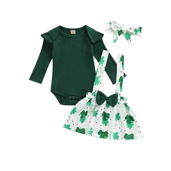 Комплект Одежды из 3 предметов для новорожденных девочек, трикотажный комбинезон с длинными рукавами в рубчик + юбка на подтяжках с принтом клевера + повязка на голову