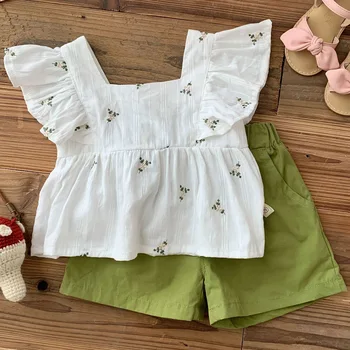 Комплекты одежды для девочек из бутика, летние хлопчатобумажные рубашки с цветочным рисунком + короткие брюки, комплект из двух предметов, одежда для детей на день рождения