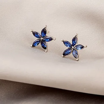 Корейские модные маленькие серьги-гвоздики с хрустальным цветком для женщин, милые сладкие цветочные украшения, синие серьги, подарок для вечеринки, подвески для женщин