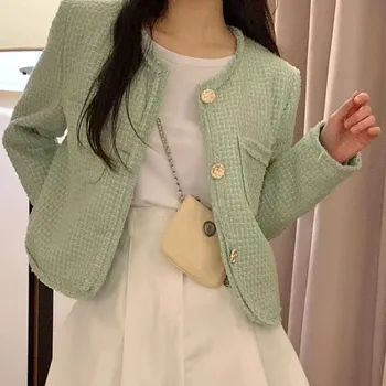 Корейский элегантный однотонный твидовый пиджак 2023, Весенний Винтажный Женский Однобортный дизайн с круглым вырезом, Офисная Повседневная верхняя одежда