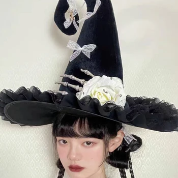 Кружевные остроконечные шляпы ведьмы ручной работы, повязка с бантом, Шляпа волшебника, аксессуары для костюмов для косплея в готическом стиле Лолиты, шляпа для вечеринки на Хэллоуин