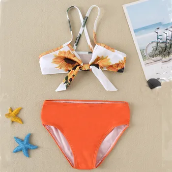 Купальники из двух частей для маленьких девочек с цветочным принтом подсолнуха, Летний детский оранжевый купальник, бикини, бандаж, пляжная одежда, Бразильский купальный костюм