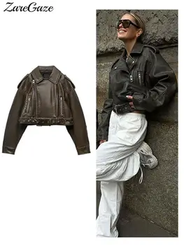 Куртка из искусственной кожи с поясом, женские куртки с длинным рукавом и отложным воротником, уличное женское пальто 2023, весенняя мода, повседневный топ на молнии