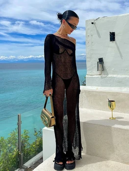 Летнее прозрачное макси-платье 2023 с открытой спиной, женское праздничное пляжное платье в стиле бохо с длинным рукавом, сексуальные однотонные макси-платья, накидка на бикини