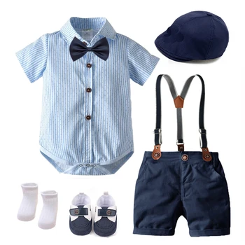 Летняя модная одежда для маленьких мальчиков, детский джентльменский костюм, полосатый комбинезон, комплект из 7 предметов, платья для вечеринки в честь 1-го дня рождения новорожденных