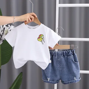 Летняя одежда для маленьких мальчиков, футболки с короткими рукавами и джинсовые шорты с корейским рисунком, муслиновый костюм для детей, спортивный костюм