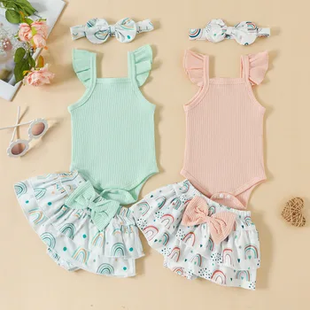 Летняя одежда для новорожденных девочек Pudcoco, комбинезон в рубчик и юбка-шорты с радужным принтом, комплект из 3 предметов, 0-12 м