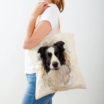 Милая мультяшная собака, женские сумки для покупок, холщовая сумка-тоут, Эко-многоразовая двусторонняя сумка для покупок с акварельными животными, женская сумка для покупок на плечо