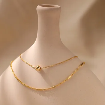 Модное покрытие из 18-каратного золота, двойная цепочка, Женское короткое ожерелье, Простой металлический кулон из бисера, Повседневная одежда, Ювелирные аксессуары