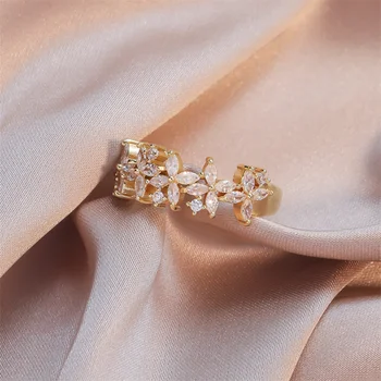 Модный цветочный дизайн, Регулируемые кольца с кристаллами Циркона Золотого цвета для женщин, Элегантное свадебное кольцо с обещанием Вечности в виде листьев для новобрачных