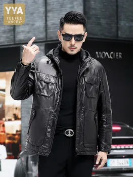 Мужская винтажная мотоциклетная куртка из масляно-восковой кожи, приталенная уличная куртка средней длины с капюшоном, повседневное пальто из натуральной кожи, мужская пуховая куртка