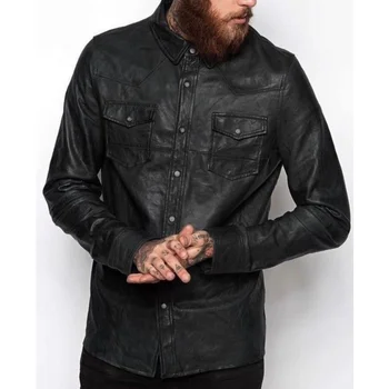 Мужская рубашка Куртка Черная из натуральной мягкой кожи ягненка, рубашка из промытой вощеной кожи