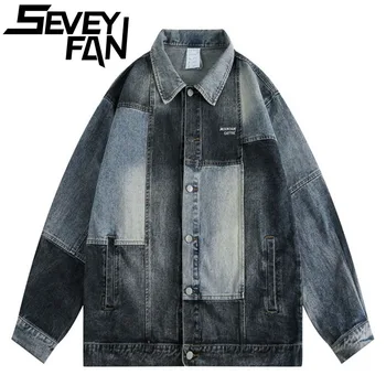Мужская хлопчатобумажная джинсовая куртка SEVEYFAN в стиле хип-хоп, постиранные водой джинсовые куртки в стиле пэчворк, мужские универсальные комбинезоны и верхняя одежда