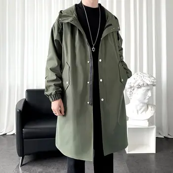 Мужские куртки 2023, Весенний однобортный тренч средней длины с капюшоном, мужское однотонное пальто, ветровка большого размера B119