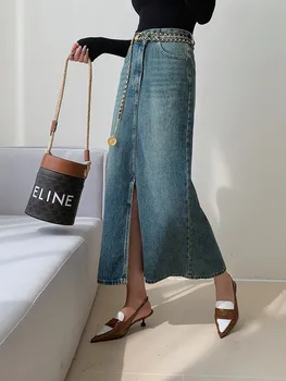 Новая длинная джинсовая юбка ZHISILAO, винтажная классическая джинсовая юбка с разрезом, весна-лето 2023