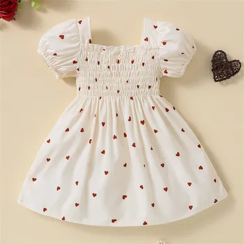 Новое детское платье 2022 года, летние платья с пышными рукавами для маленьких девочек, платье принцессы с принтом в виде сердца для малышей, Модная детская одежда