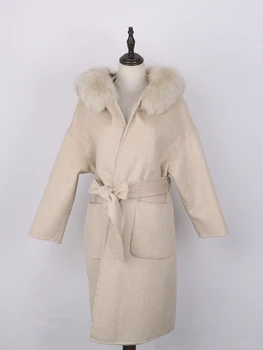 Новое женское пальто из натурального кашемира с капюшоном 2022 года, плюшевый воротник из натурального лисьего меха, женские шерстяные куртки Casacos De Pele Reais