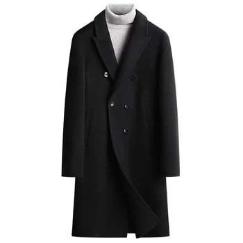 Новое осенне-зимнее пальто из 100% шерсти, мужское длинное двубортное двустороннее шерстяное пальто выше колена для мужчин