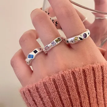 Новые кольца из серебра 925 пробы для женщин с разноцветным камнем в виде сердца, минималистичные открытые Регулируемые кольца для пальцев, Модная женская бижутерия