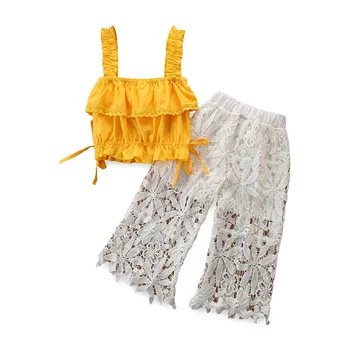 Новые кружевные наряды для маленьких девочек, комплект из 2 предметов, летний модный повседневный топ-слинг на шнуровке + брюки с фруктовым принтом, костюм