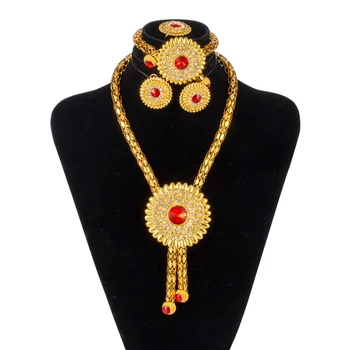 Новый 2020 Набор эфиопских украшений с большим цветком для женщин, Арабские Африканские серьги, ювелирные изделия из Дубая, ожерелье золотого цвета, подарок для новобрачных