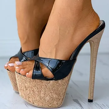 Обувь SHOFOO/ Модные женские тапочки на высоком каблуке. Высота каблука около 15 сантиметров. Уличные тапочки. Летняя женская обувь.