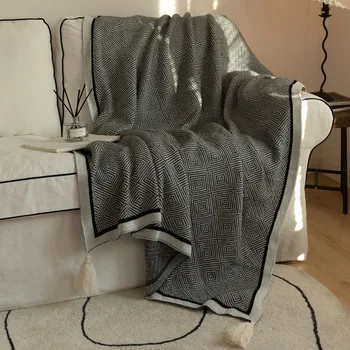 Одеяло с геометрическим рисунком, клетчатый чехол для дивана, Мягкое и ворсистое носимое одеяло, постельное белье, имитация кашемира, тканевые кисточки