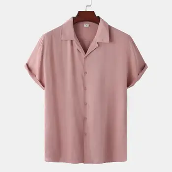 Однобортная свободная мужская рубашка с коротким рукавом, однотонный отложной воротник, Стильная верхняя рабочая одежда