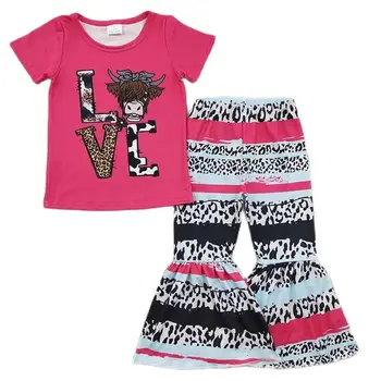Оптовая продажа Детской одежды в стиле Вестерн Love Cow Girl Рубашка с короткими рукавами Топ Футболка Леопардовые брюки-клеш Весна Осень Детский комплект для малышей