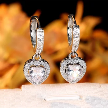 Очаровательные женские серьги-кольца в форме сердца серебряного цвета, свадебные серьги, милые серьги с белыми кристаллами для женщин