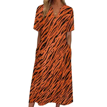 Платье с животным принтом, Оранжевая Тигровая полоска, винтажное Макси-платье с V-образным вырезом, графические повседневные Длинные платья Эстетичного Большого размера Vestidos