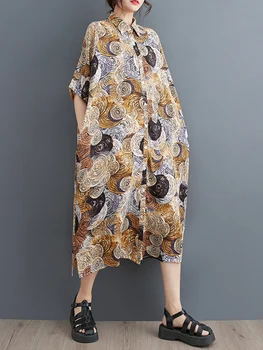 Платья-рубашки с коротким рукавом и винтажным принтом для женщин, летняя новинка 2023, Корейская мода, свободное Повседневное Длинное платье, халат, элегантная одежда