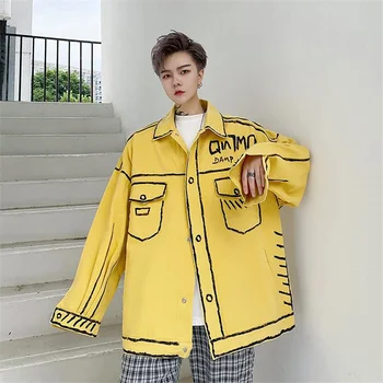Повседневная джинсовая куртка с ручной росписью 2021 года, мужские винтажные куртки и пальто в стиле харадзюку в стиле хип-хоп, желто-черная джинсовая куртка