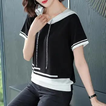 Полосатая блузка с капюшоном с модным принтом и шнуровкой, женская одежда 2023, летние новые повседневные пуловеры Оверсайз, Корейская рубашка