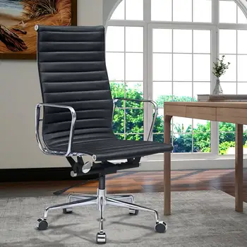 [Распродажа] Офисное кресло из натуральной кожи Nordic Leisure, вращающееся компьютерное кресло с алюминиевым основанием, удобное по контракту [US-W]