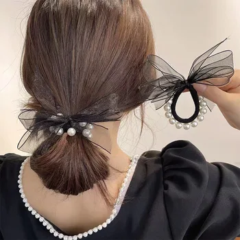Ретро-галстук-веревка женская летняя сетка стиль пряжи темперамент головной убор с бантом корейское жемчужное кольцо для волос аксессуары для волос в виде конского хвоста