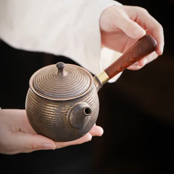 Ретро-позолоченный чайник с деревянной ручкой В японском стиле, Боковая ручка, Чайник, Приспособление для приготовления чая, Маленький Глиняный горшок, Горшок с керамической ручкой