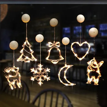 Рождественская лампа-присоска Светодиодные фонари Колокольчик Снеговик Звезда Праздничное украшение окна Подвесной светильник на батарейках для домашнего декора Navidad