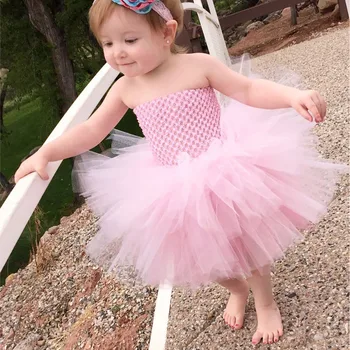 Розовое 3-слойное платье-пачка для торта для девочек, детское вязаное крючком платье с тюлевым ремешком и цветочным бантом для волос, бальное платье, детские праздничные платья для костюмов
