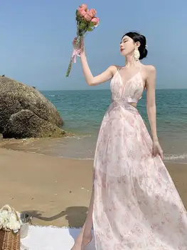 Розовое длинное платье с повязкой на спине с V-образным вырезом и принтом, Женские пляжные Элегантные сексуальные платья на бретельках, праздничное платье Милой феи, Корейское лето 2023 г.