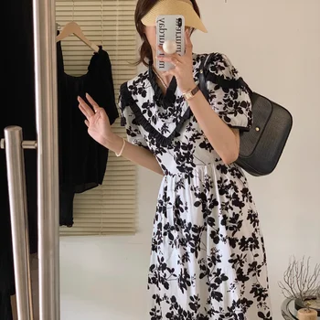 Свободное французское платье с цветочным рисунком в стиле ретро, Лето 2023, корейский шик, Тонкая талия, V-образный вырез, пышный рукав, Длинная юбка