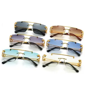 Солнцезащитные очки в стиле панк с декором в виде Льва, Градиентные оттенки, Очки UV400, Квадратные солнцезащитные очки без оправы для женщин, Модные аксессуары для мужчин