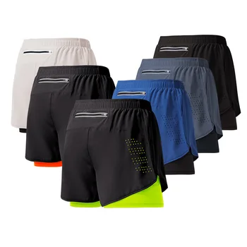 Спортивные шорты 2 в 1, мужские свободные тройные штаны для бега, марафона, легкой атлетики, быстросохнущая подкладка, шорты с антибликовым покрытием, облегающие тело