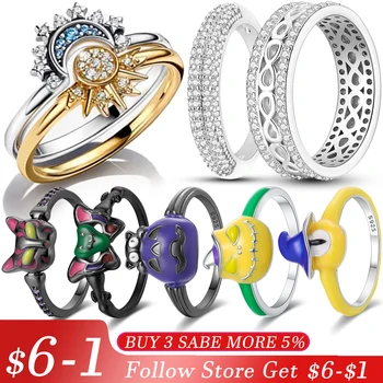 Цветное кольцо с цирконом в форме сердца, Кошка, Луна, Звезды, женское серебро 925 пробы, Оригинальное дизайнерское кольцо для женской вечеринки, подарок для свадебных украшений