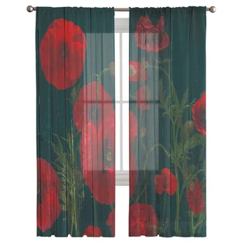 Цветы мака на зеленом фоне из древесных волокон Прозрачные шторы для гостиной, спальни, обработки окон, кухни, шифоновые занавески