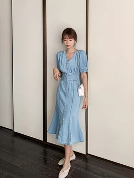 Элегантное однобортное джинсовое платье с глубоким V-образным вырезом, Корейская модная женская одежда 2021 года