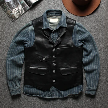 Японский винтажный жилет из натуральной кожи, мужская куртка без рукавов из натуральной кожи под лошадиную шкуру, мотоциклетный жилет с коротким воротником для костюма